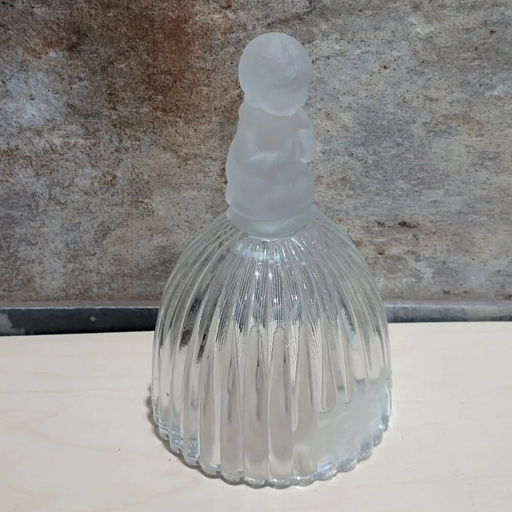 Vintage Ribbed Crystal Bell Frosted Glass Praying Child Figure 1978
